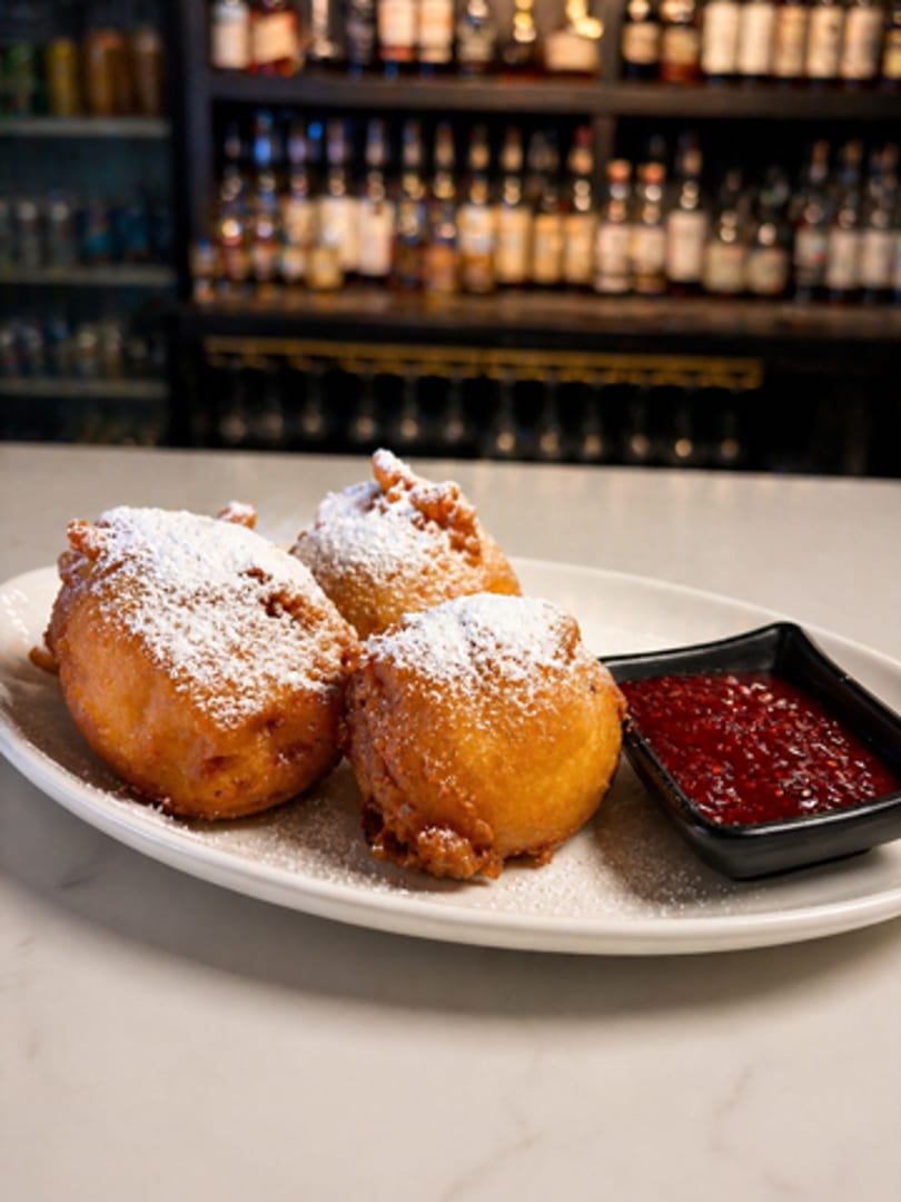 Three golden-brown fritters dusted with powdered sugar, served with a side of red jam.