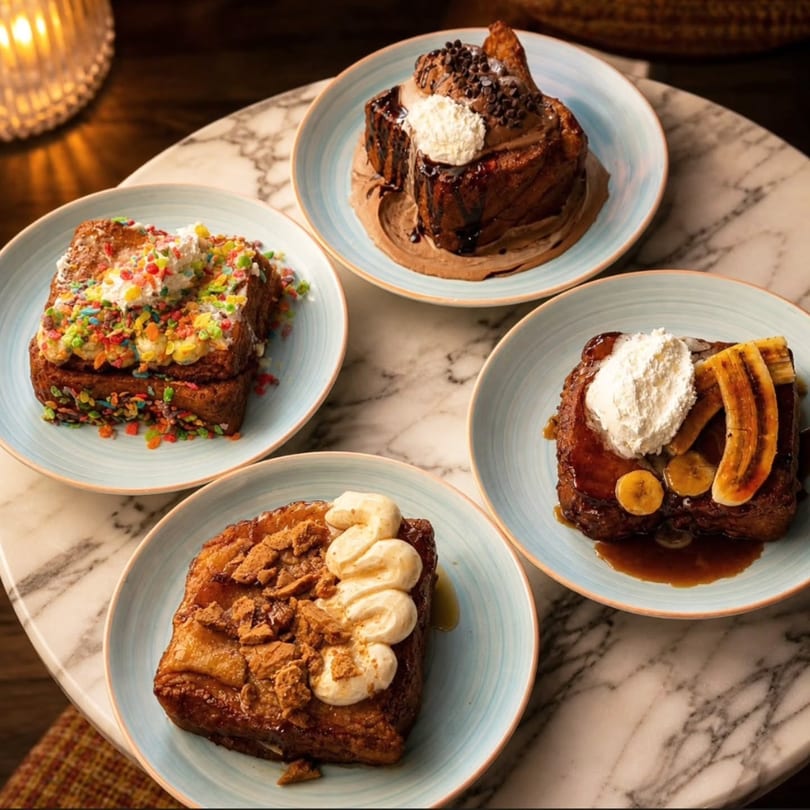 Four plates of gourmet french toast, each with unique toppings, on a marble table.