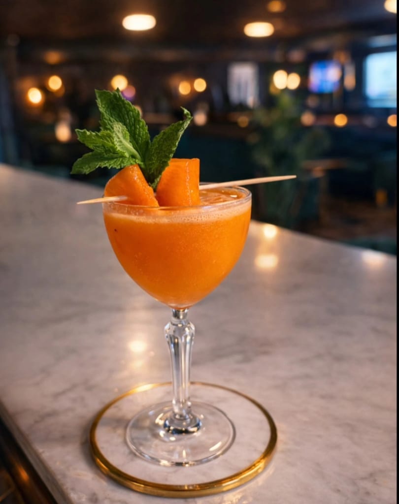 Orange cocktail garnished with mint and cantaloupe on a marble bar with bokeh lights.