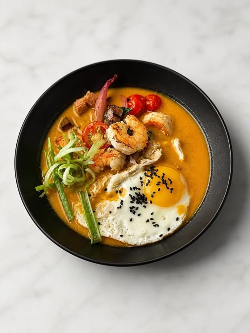 Spicy shrimp ramen with a fried egg, scallions, and cherry tomatoes in a black bowl.
